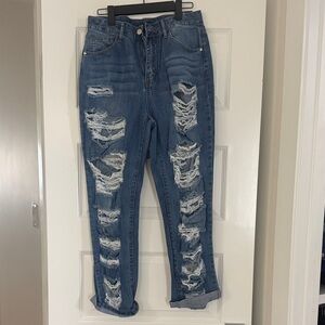 Fashion Nova Distressed Blue Boyfriend Jeans